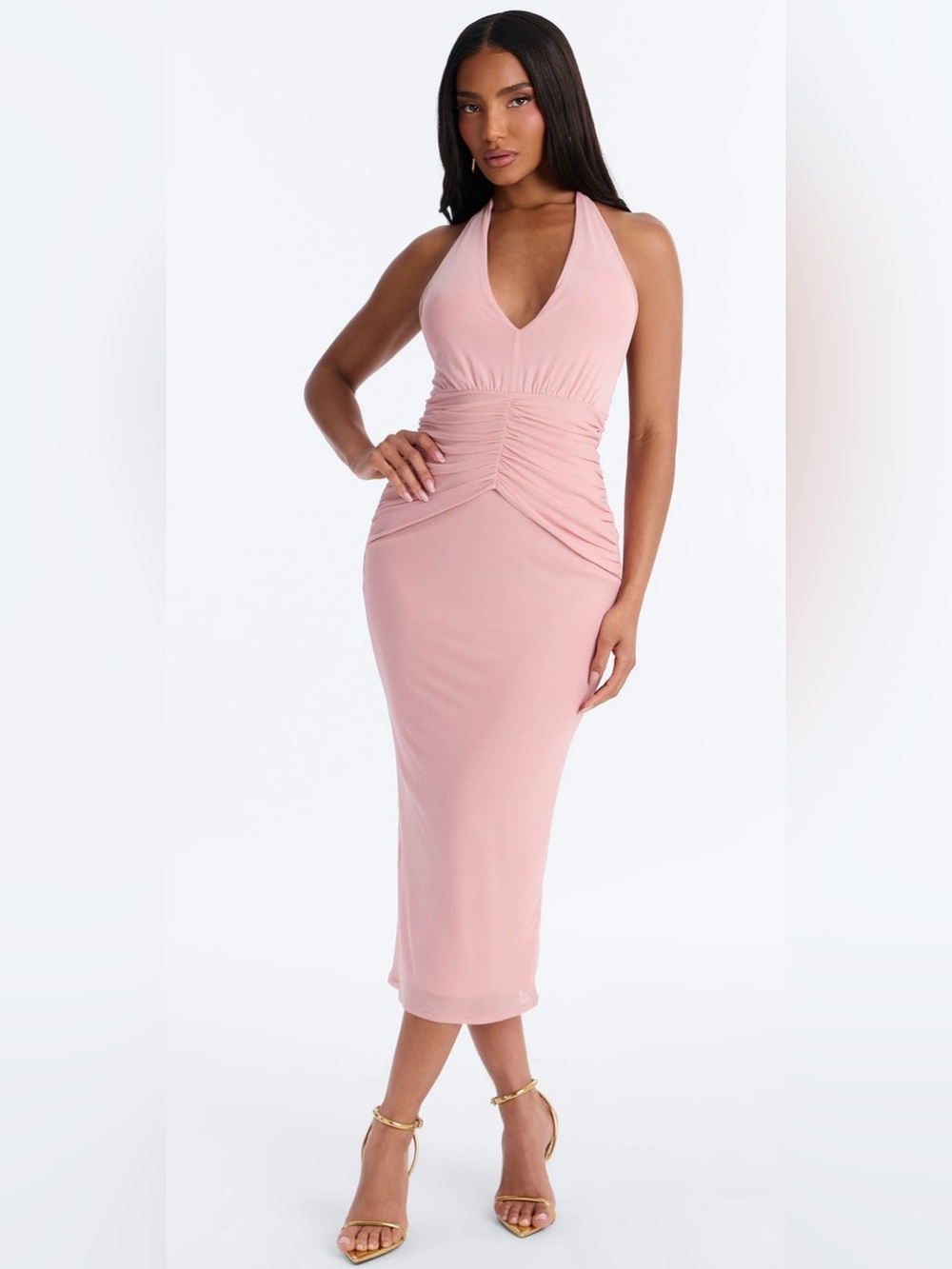 Ruched Mesh Midi Dress in Mauve